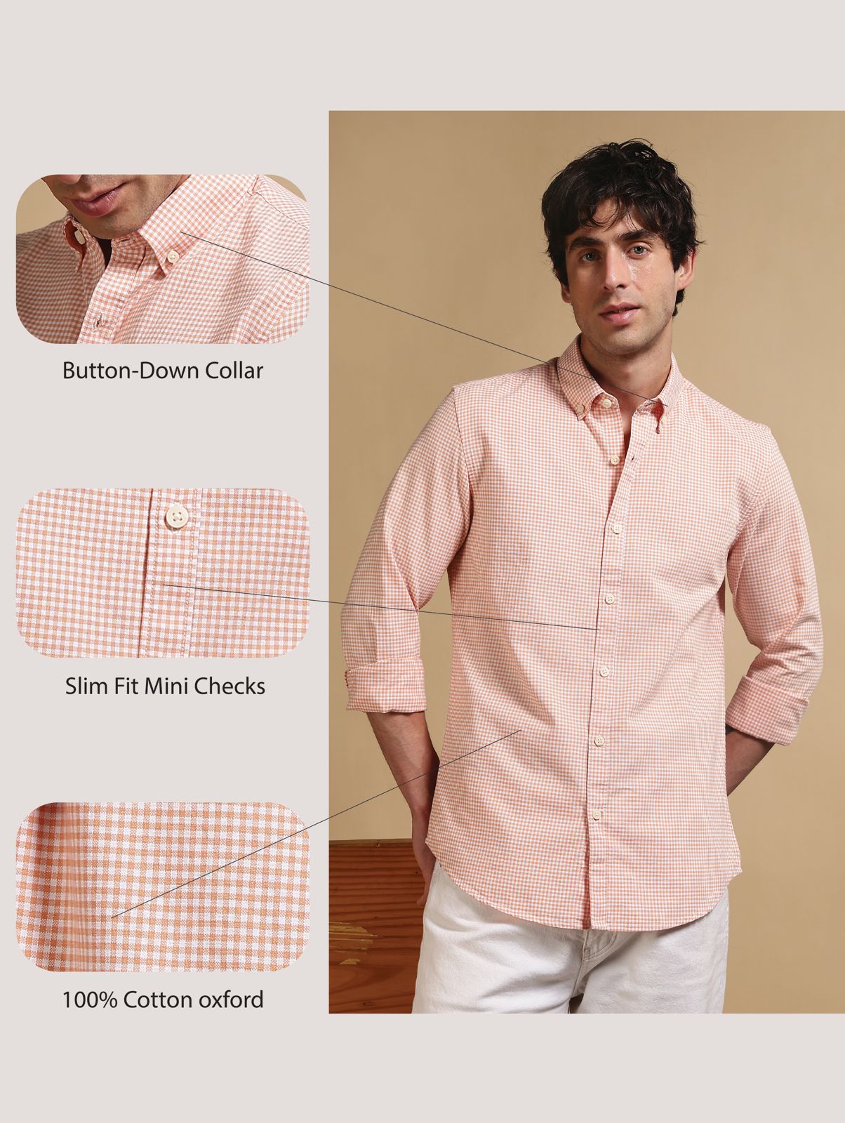 Cotton Oxford Slim Fit Mini Checks Shirt Orange