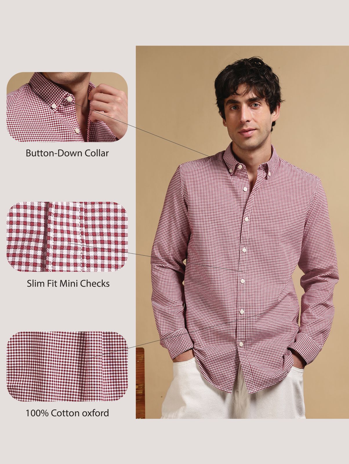 Cotton Oxford Slim Fit Mini Checks Shirt Red