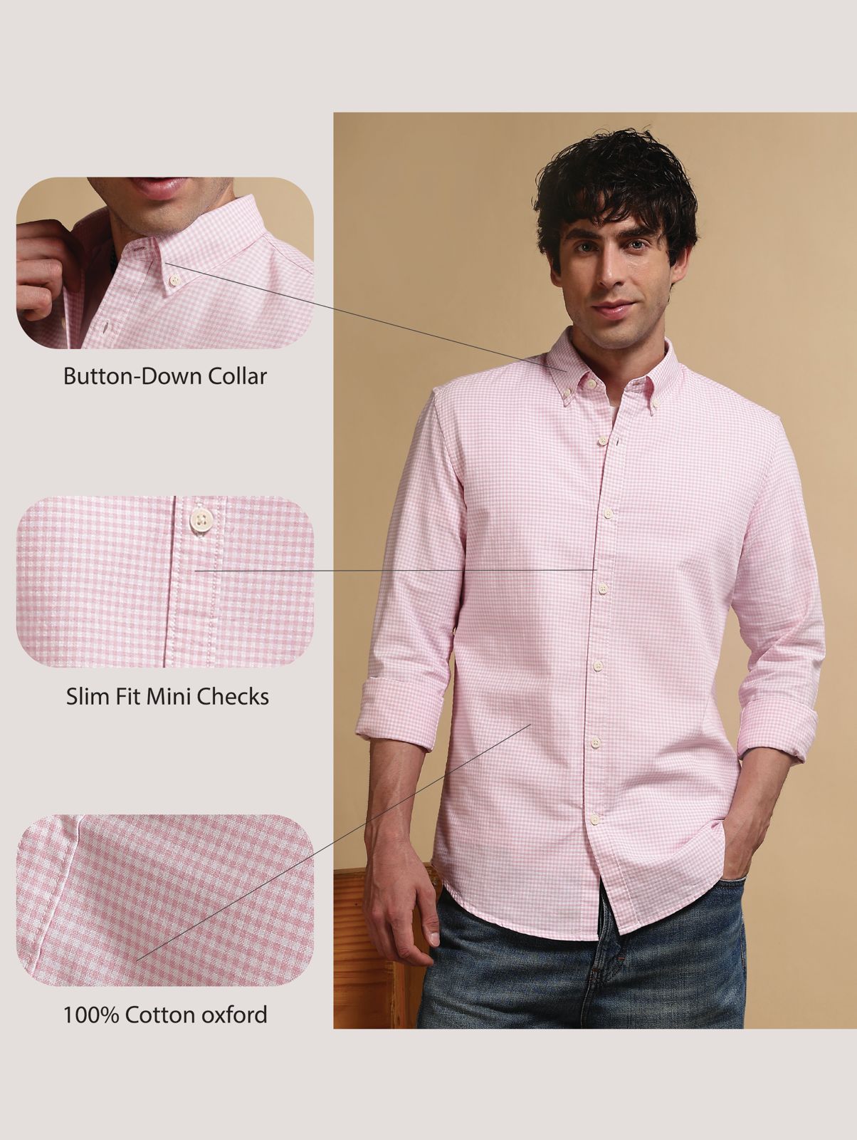 Cotton Oxford Slim Fit Mini Checks Shirt Pink