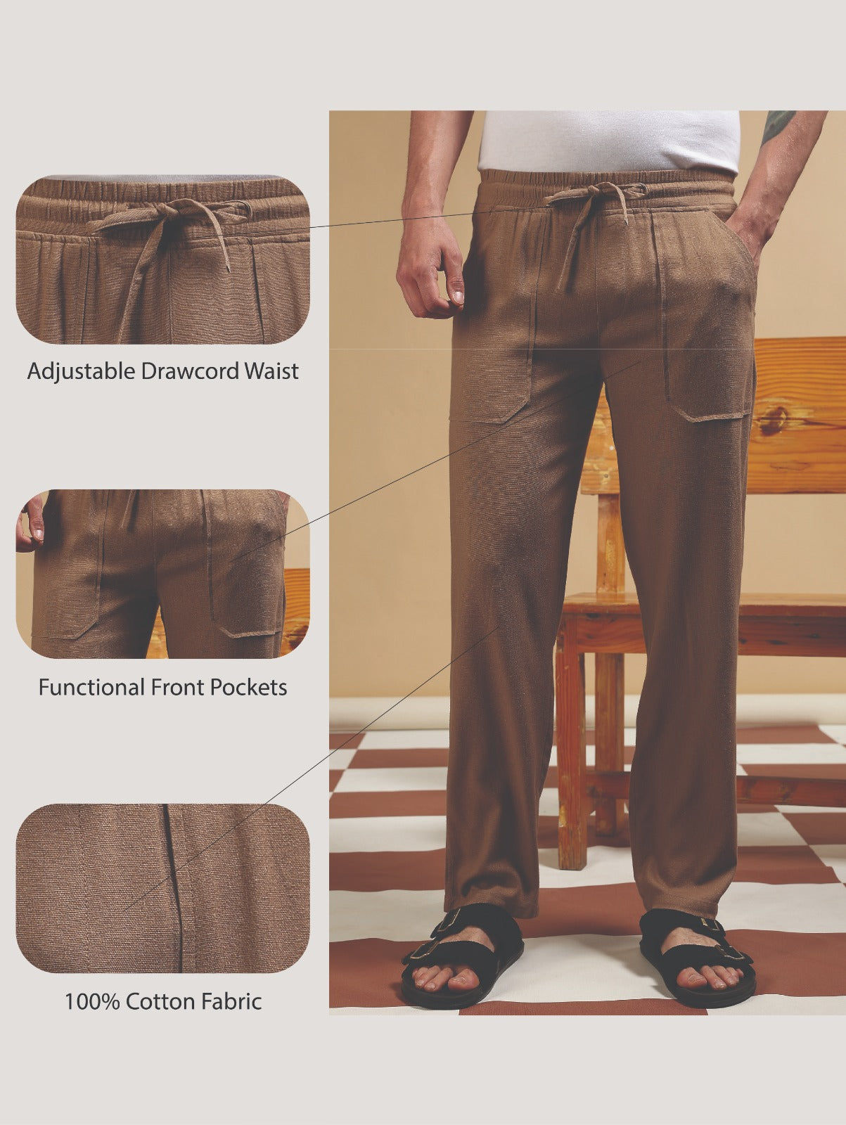 Linen Blend Loose Fit Drawcord Trousers Khaki
