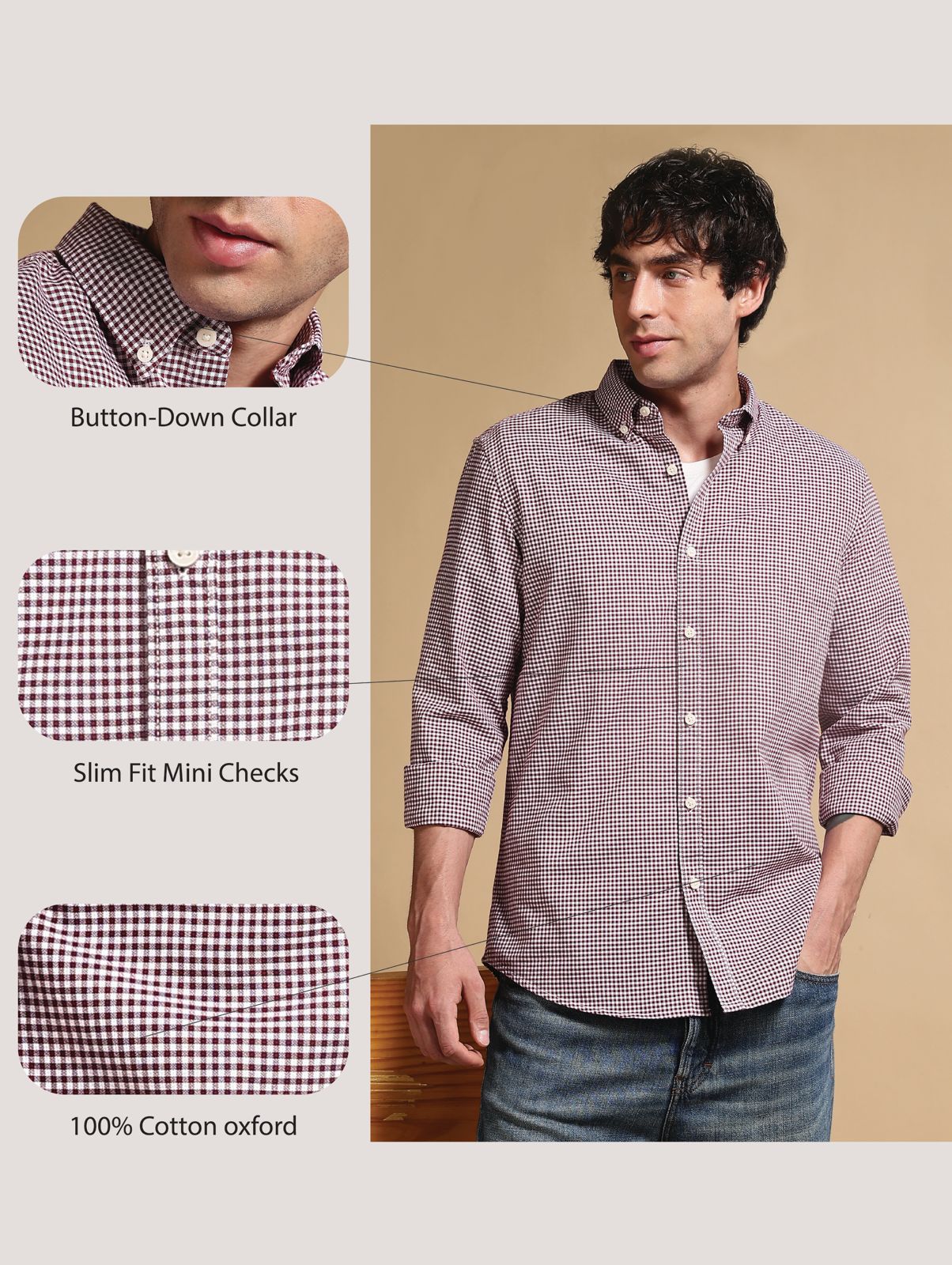 Cotton Oxford Slim Fit Mini Checks Shirt Maroon