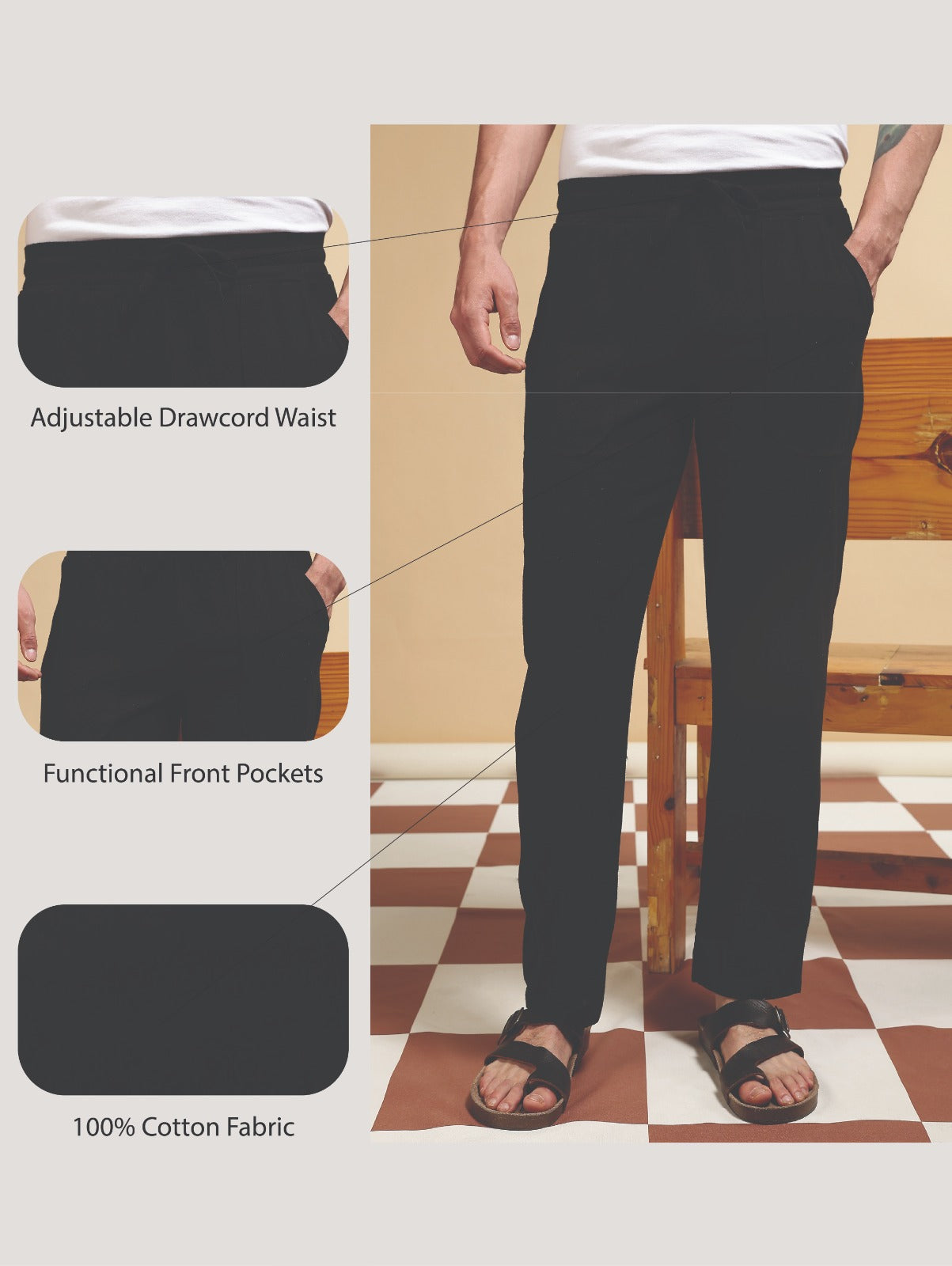 Linen Blend Loose Fit Drawcord Trousers Black