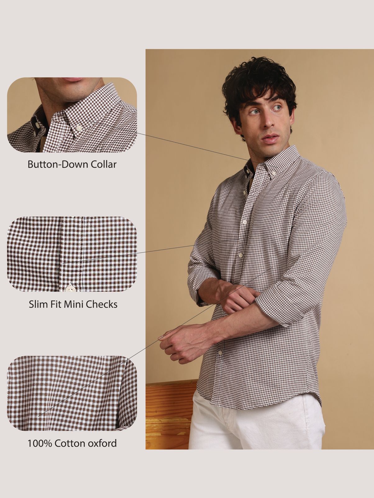 Cotton Oxford Slim Fit Mini Checks Shirt Brown