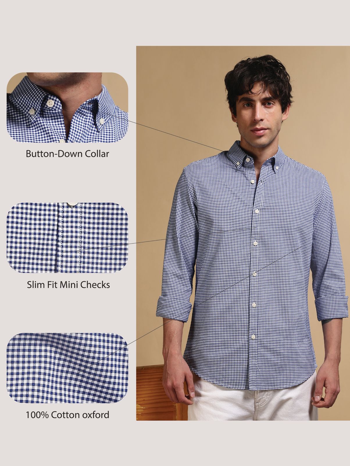 Cotton Oxford Slim Fit Mini Checks Shirt Navy