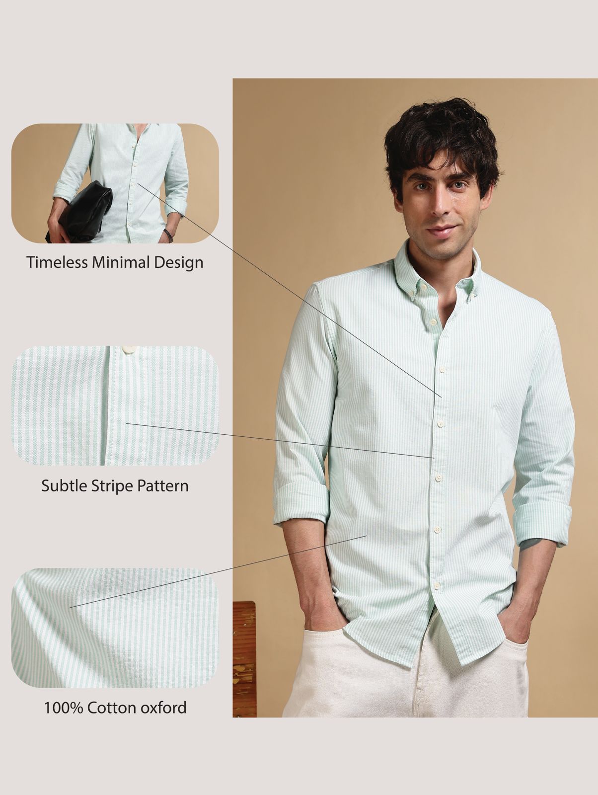 100% Cotton Oxford Slim Fit Striped Shirt Lt Green