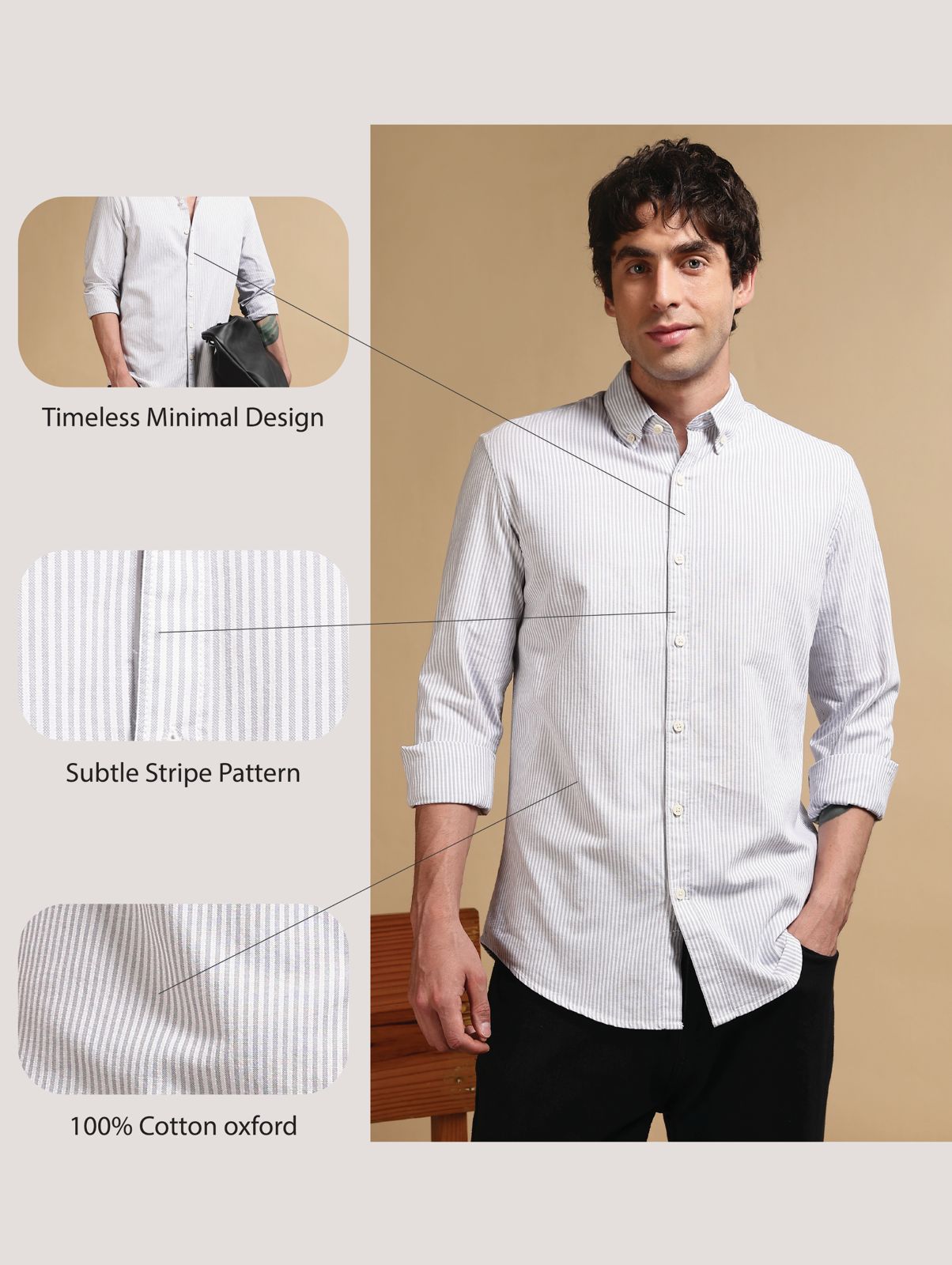 100% Cotton Oxford Slim Fit Striped Shirt Grey