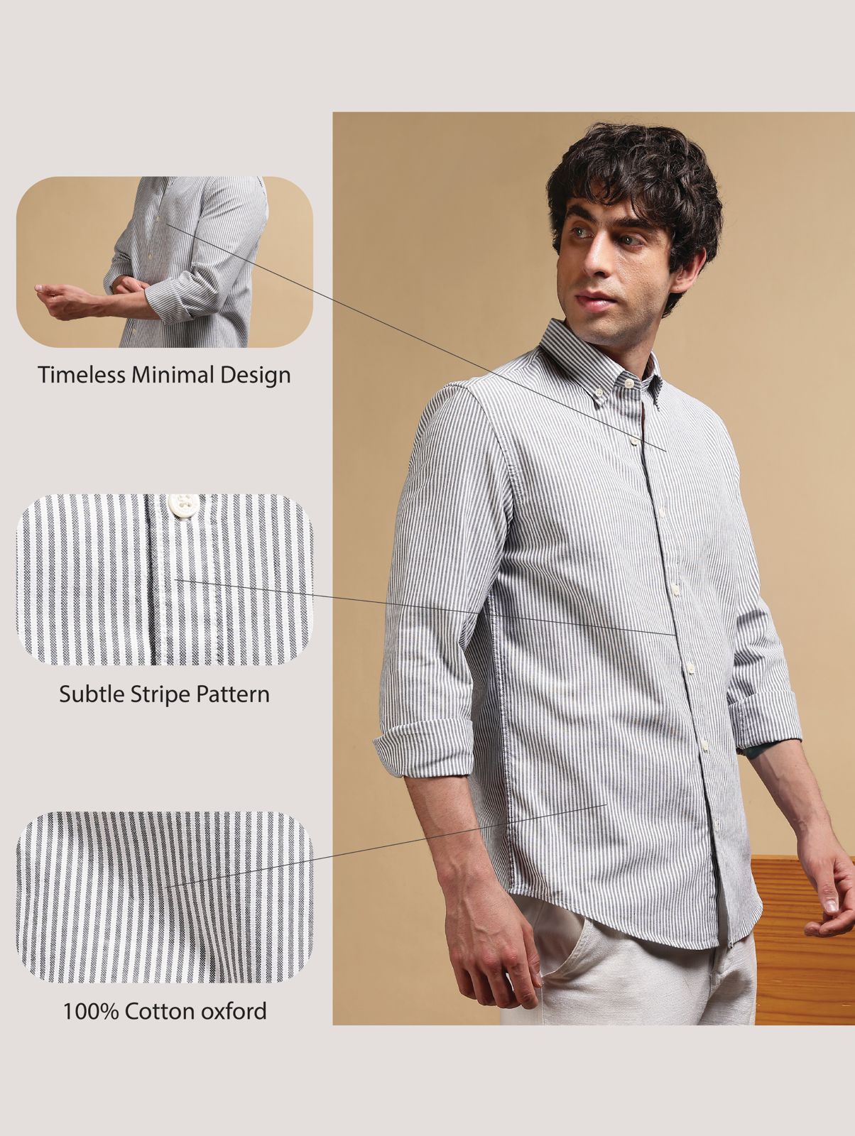 100% Cotton Oxford Slim Fit Striped Shirt Navy