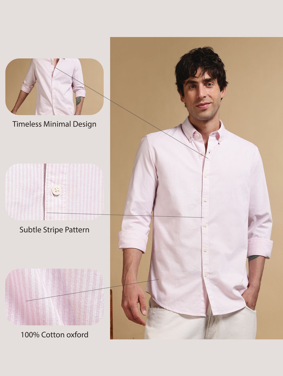 100% Cotton Oxford Slim Fit Striped Shirt Pink