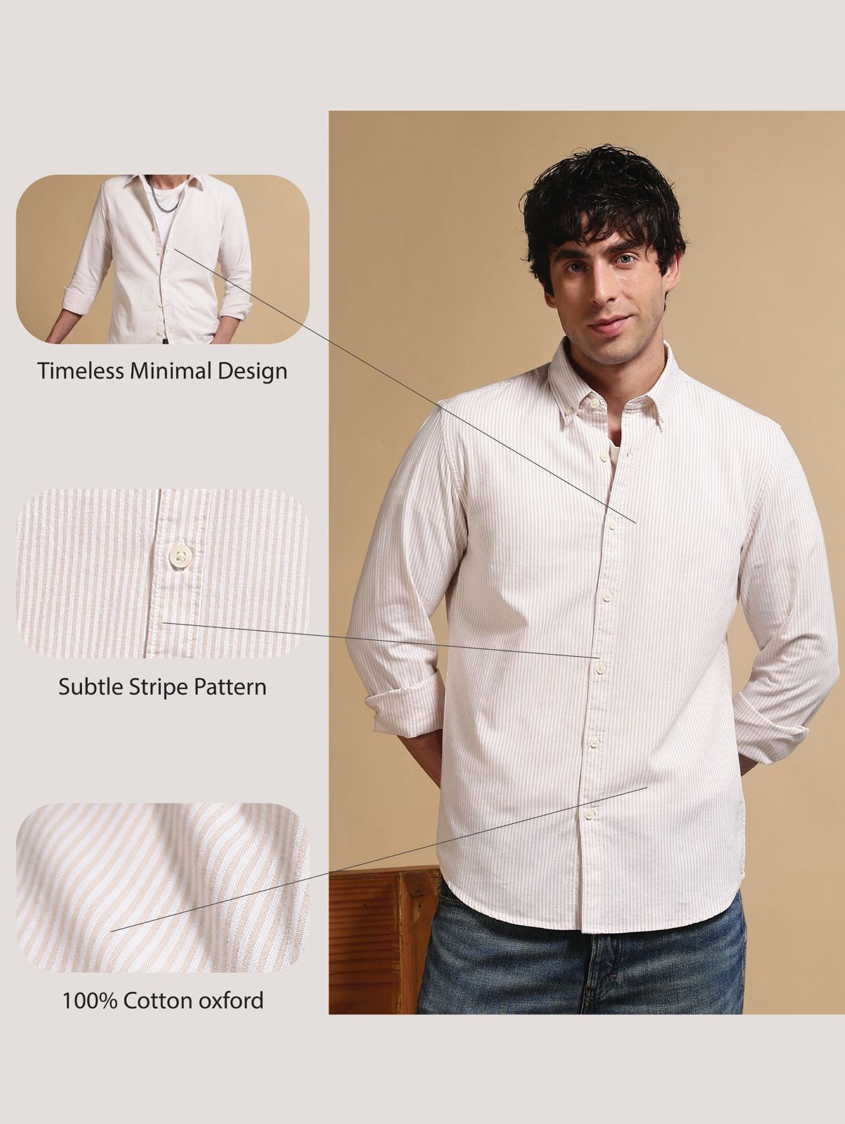 100% Cotton Oxford Slim Fit Striped Shirt Cream