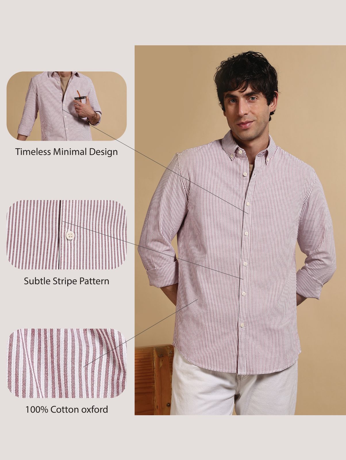 100% Cotton Oxford Slim Fit Striped Shirt Maroon
