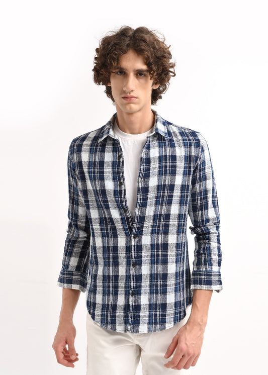 Textured Dobby Check Shirt Dk Navy
