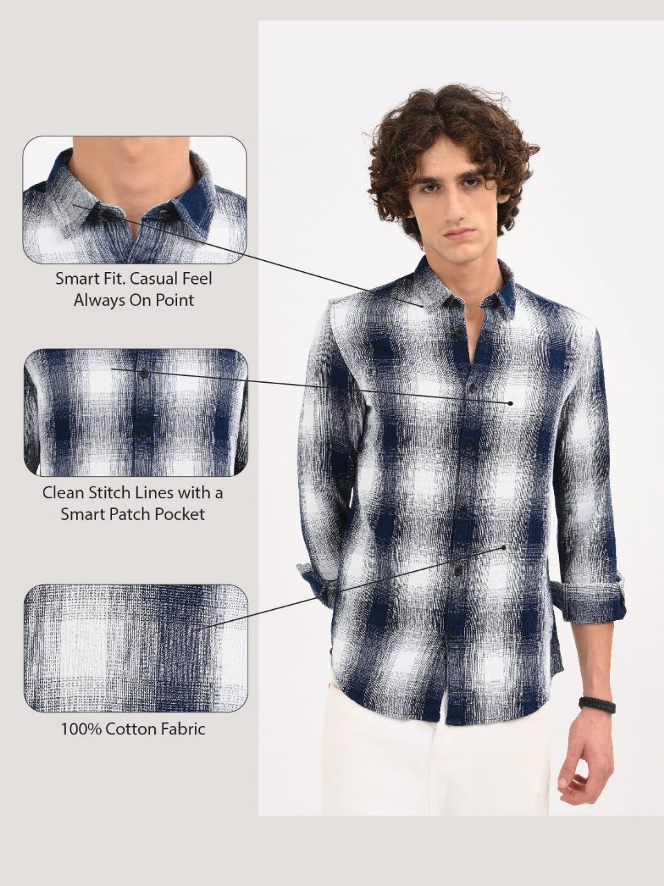 Textured Indigo Dobby Check Shirt White