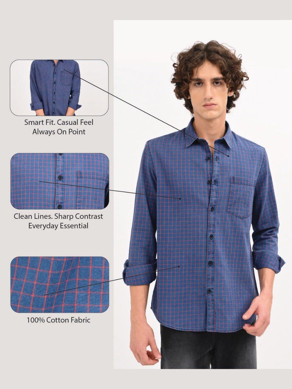 Indigo-Dyed 100% Cotton Check Shirt Navy