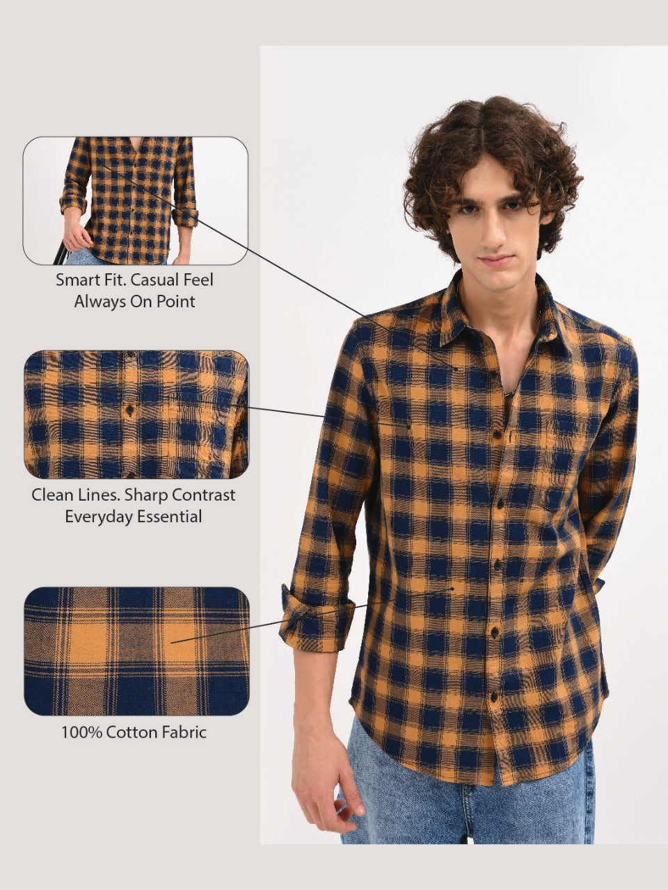 Indigo-Dyed 100% Cotton Check Shirt Musted