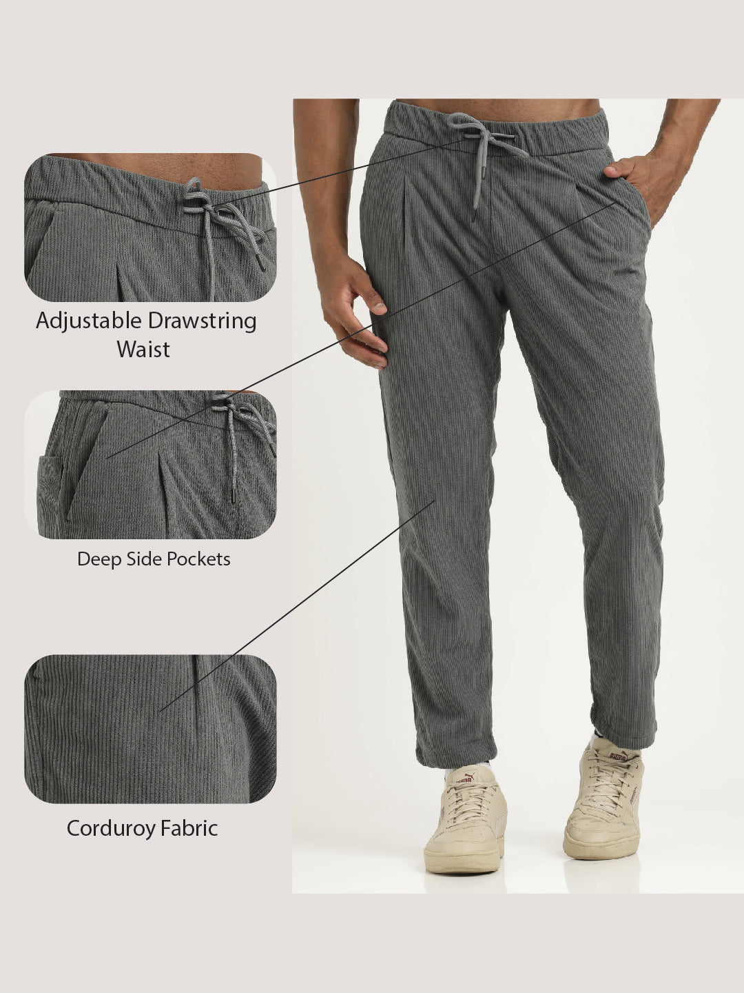 Comfort Fit Corduroy Trousers with Multhi Pockets Grey