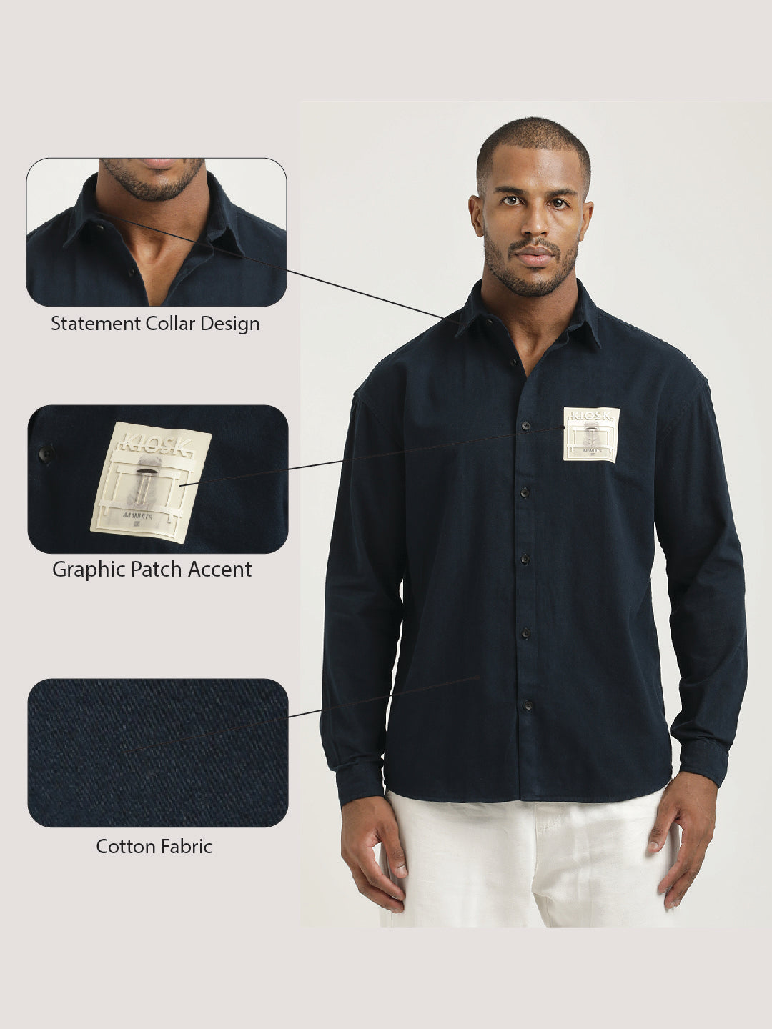 Slim Fit Cotton Shirt with Graphic Stickers Navy