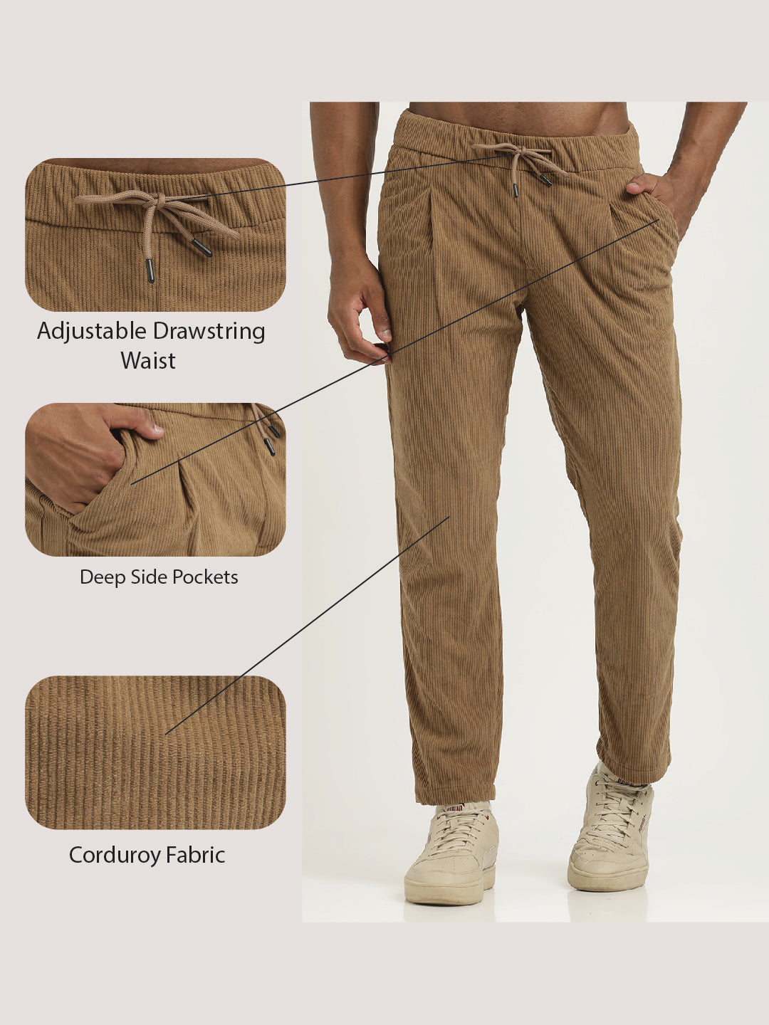 Comfort Fit Corduroy Trousers with Multhi Pockets Khaki