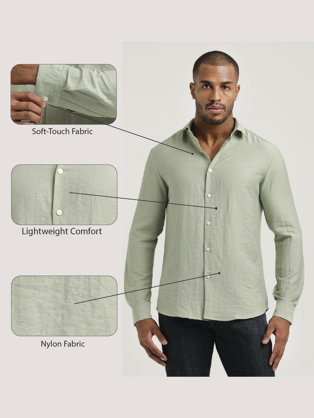 Slim Fit Nylon Shirt with Linen Look Green