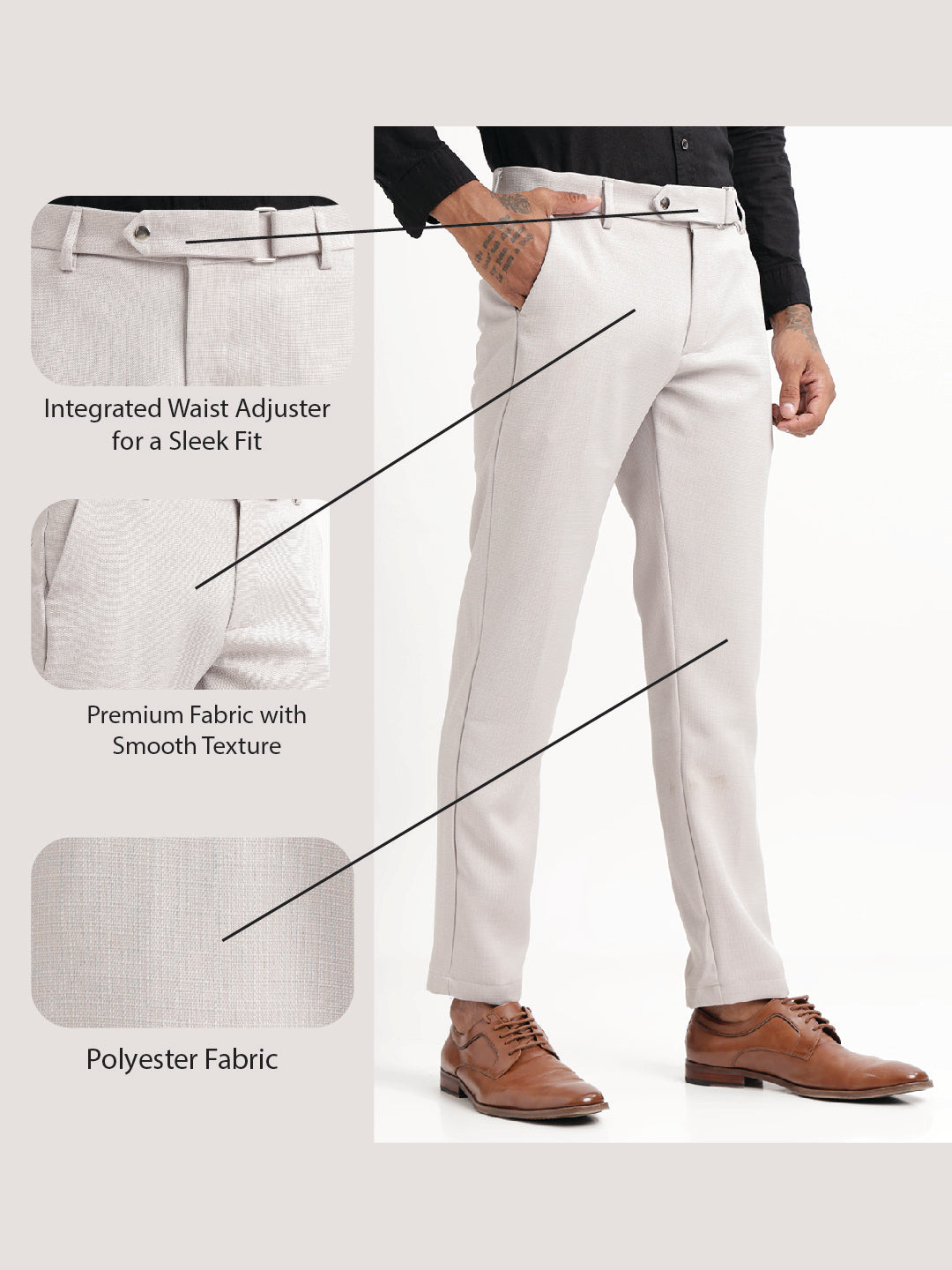 Textured White Slim Fit Trousers Lt grey