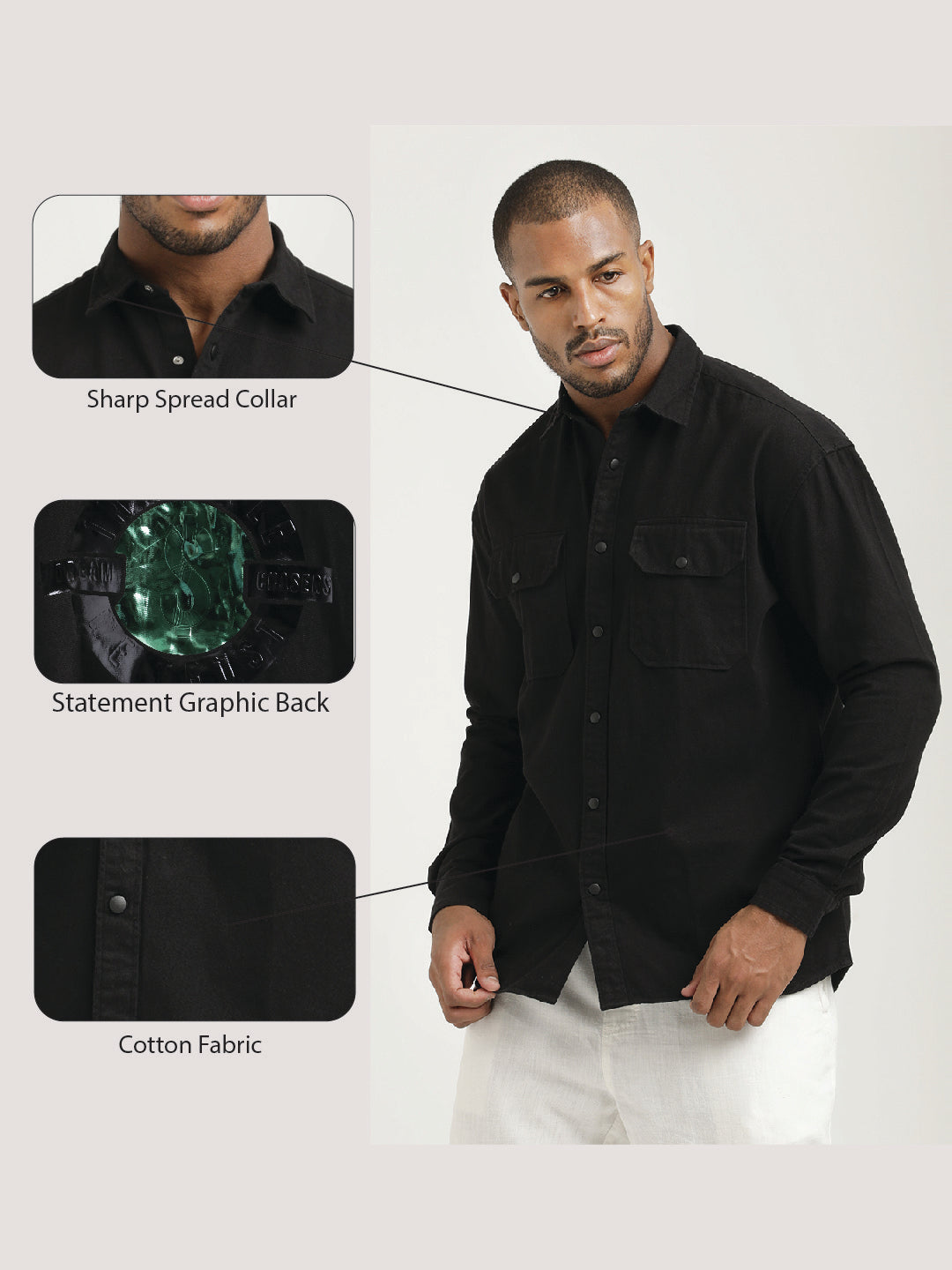 Casual Fit Cotton Shirt with Double Pockets Black