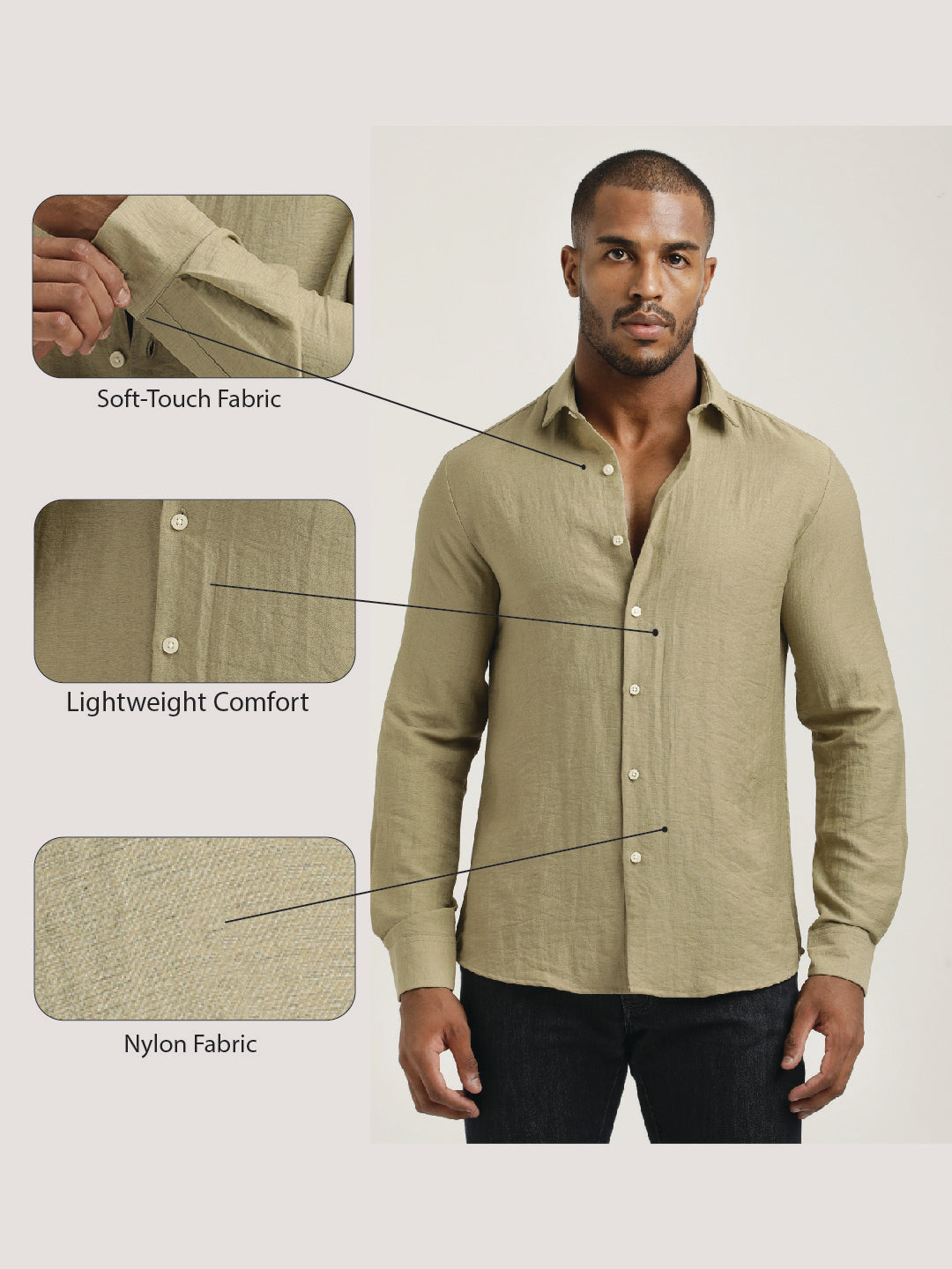 Slim Fit Nylon Shirt with Linen Look Khaki
