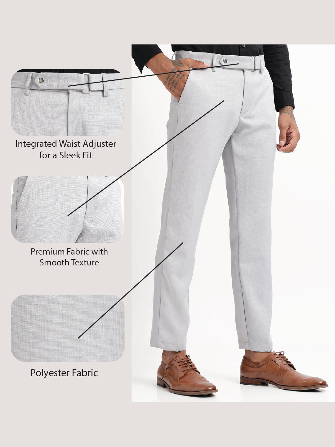 Textured White Slim Fit Trousers Lt grey