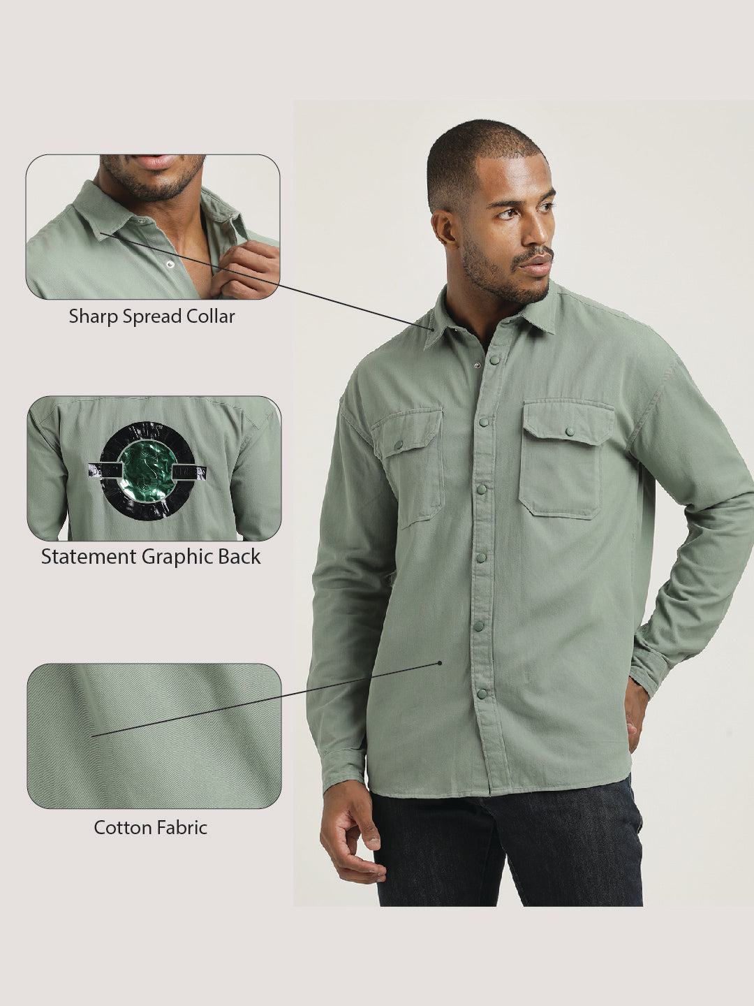 Casual Fit Cotton Shirt with Double Pockets Lt Green