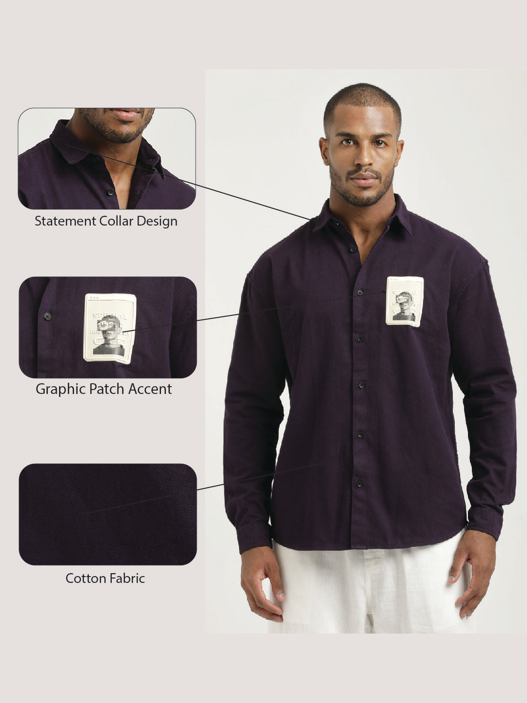 Slim Fit Cotton Shirt with Graphic Stickers Indigo