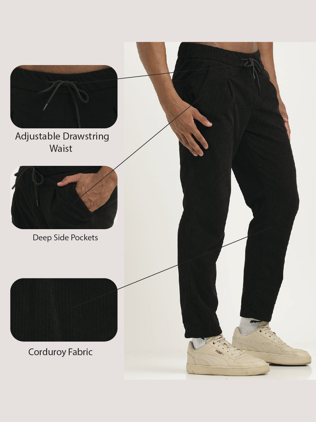 Comfort Fit Corduroy Trousers with Multhi Pockets Black