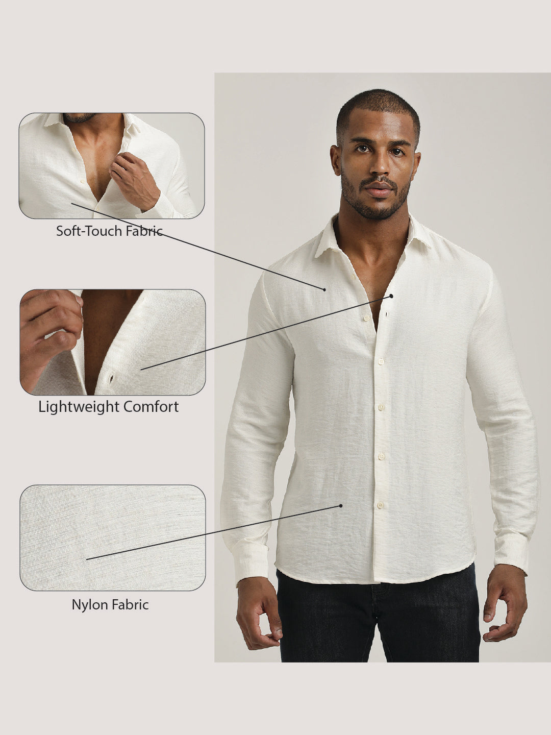 Slim Fit Nylon Shirt with Linen Look Off White