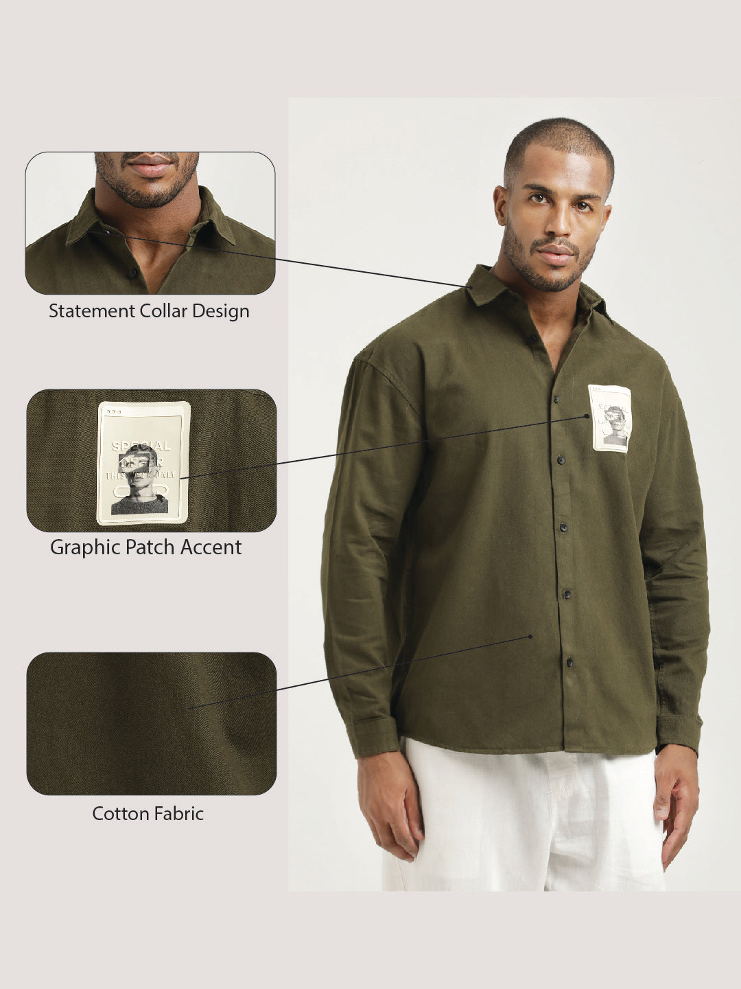 Slim Fit Cotton Shirt with Graphic Stickers Olive
