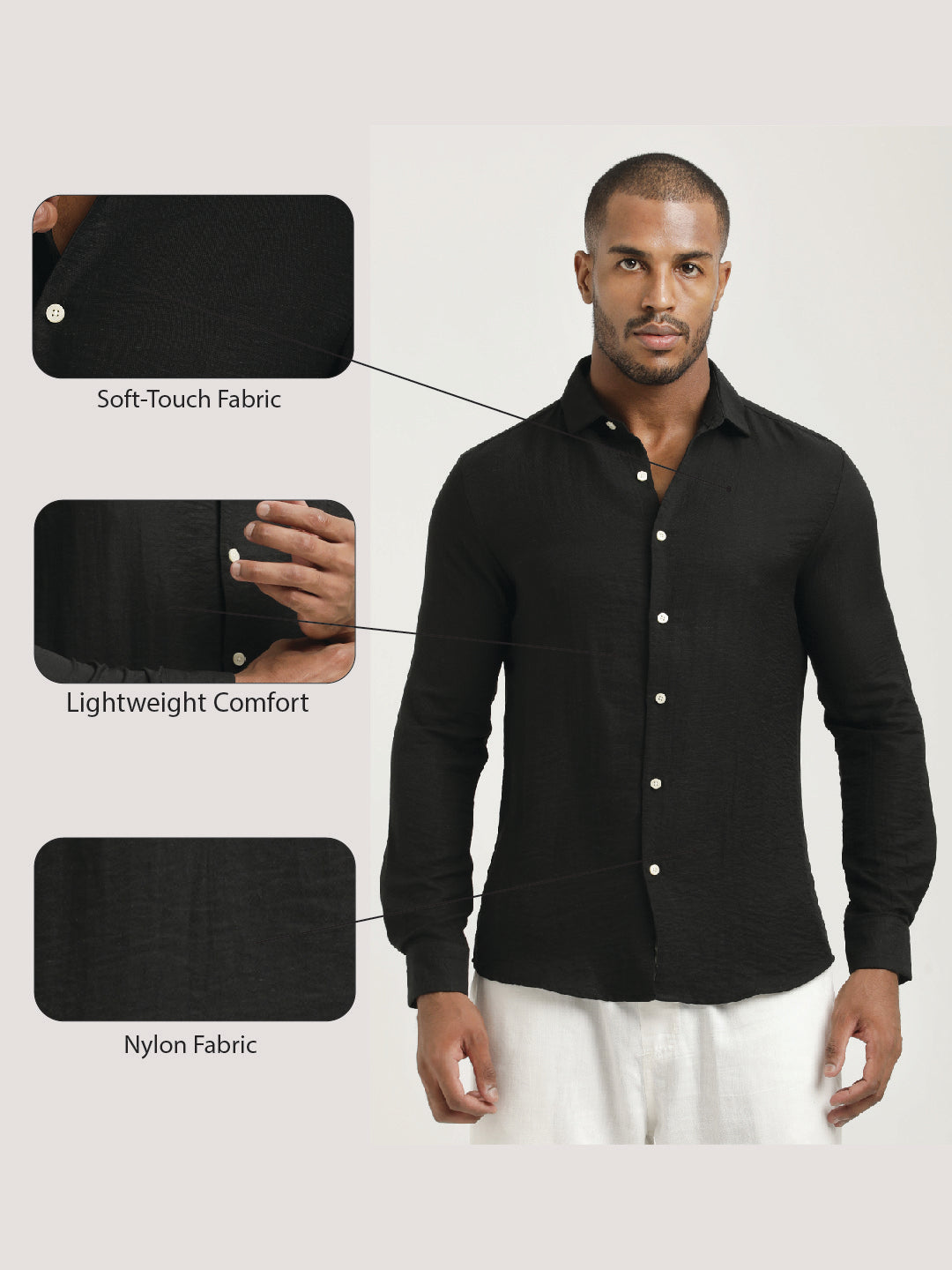 Slim Fit Nylon Shirt with Linen Look Black
