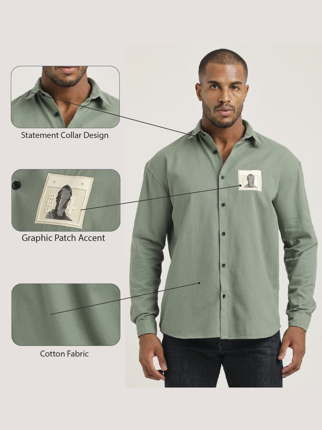 Slim Fit Cotton Shirt with Graphic Stickers Lt Green