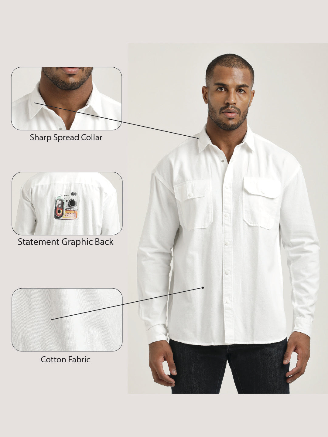 Casual Fit Cotton Shirt with Double Pockets White