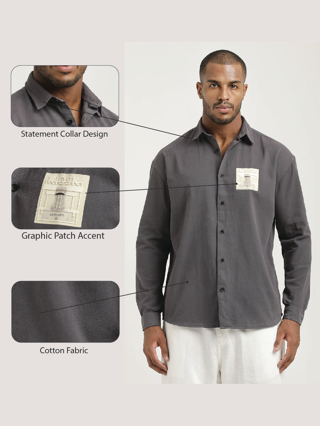 Slim Fit Cotton Shirt with Graphic Stickers Dk Grey