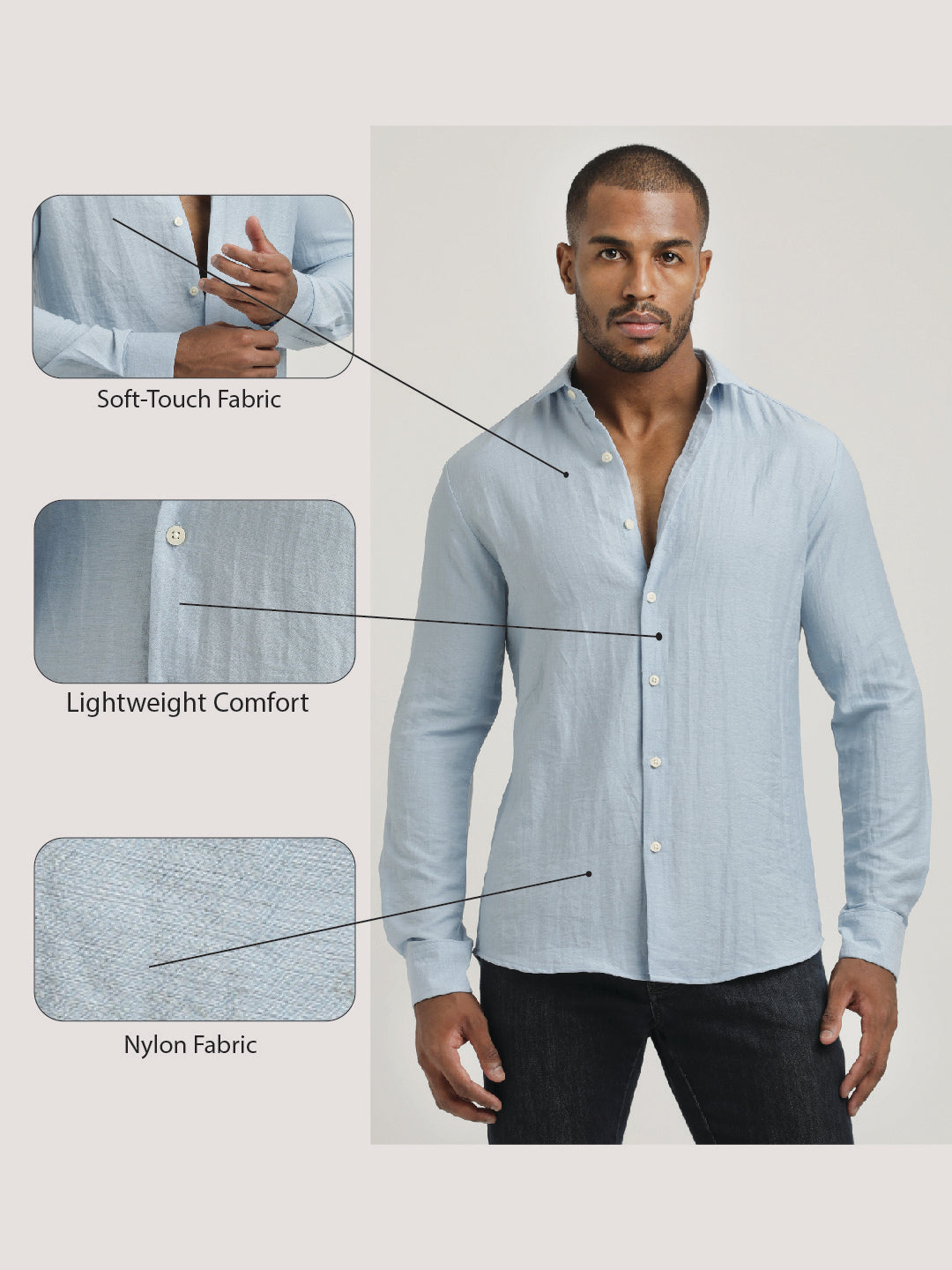 Slim Fit Nylon Shirt with Linen Look Sky Blue