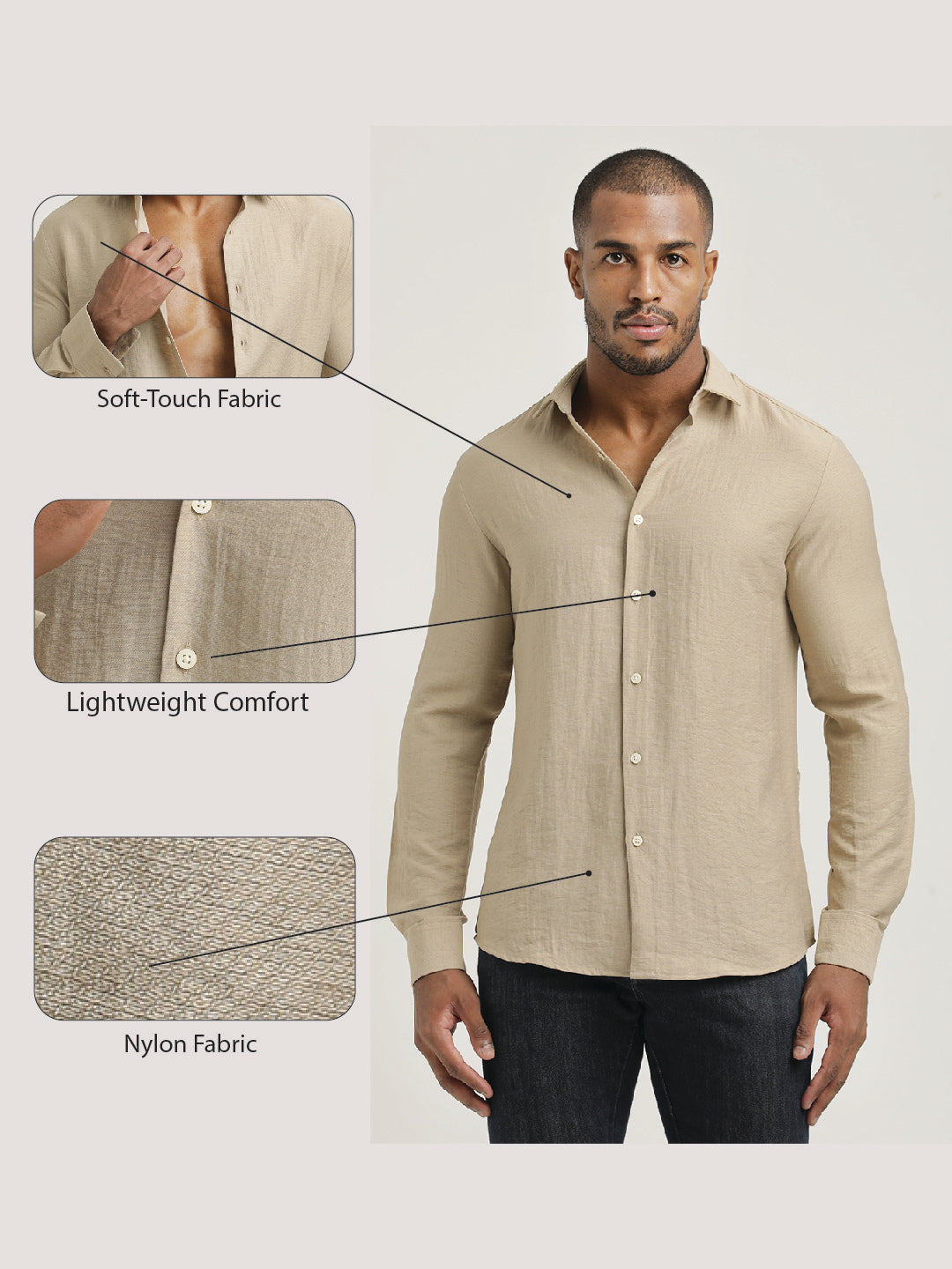 Slim Fit Nylon Shirt with Linen Look Cream
