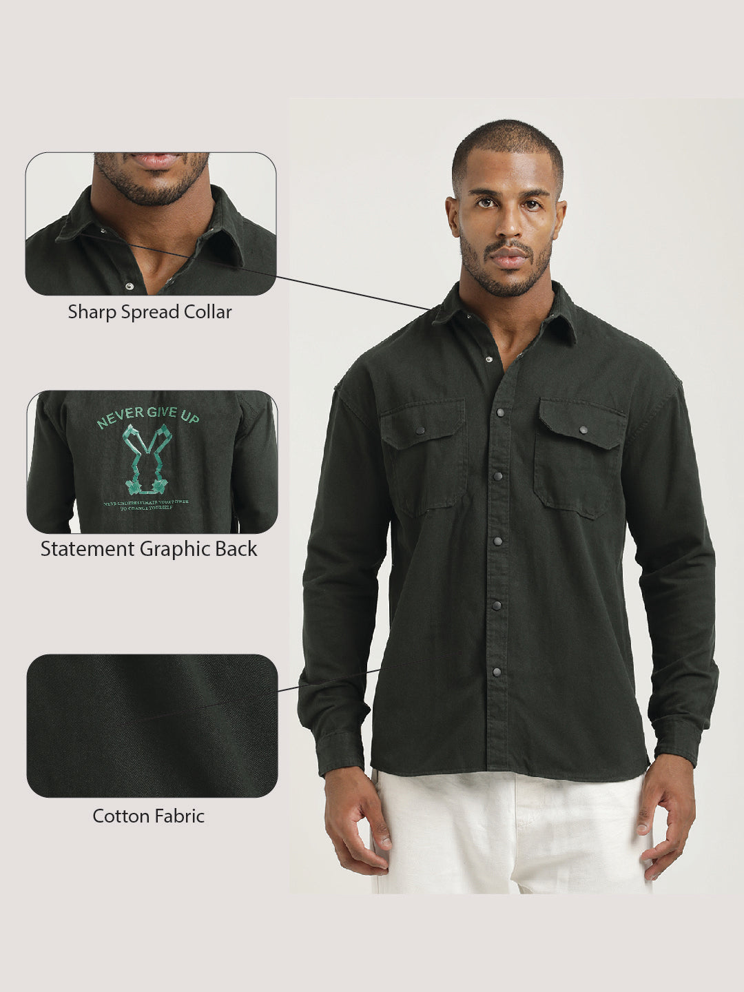 Casual Fit Cotton Shirt with Double Pockets Dk Green