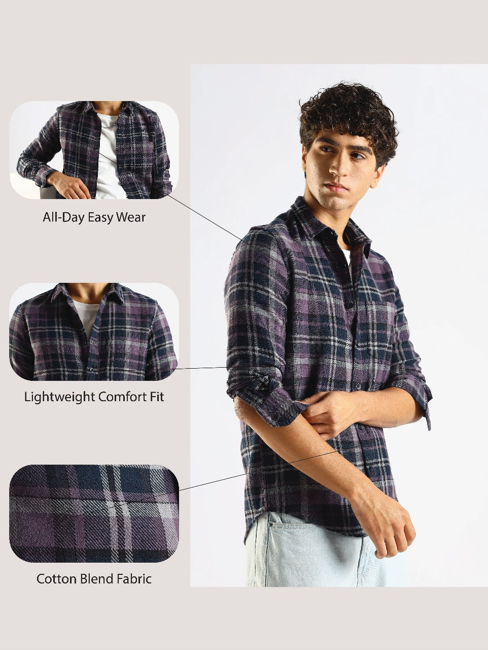 Cotton Blend Checked Shirt Navy