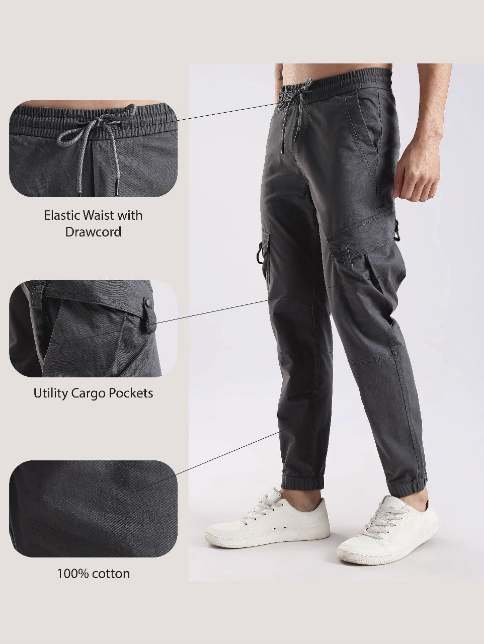 100% Cotton Slim Fit Cargo Pants Dk Grey