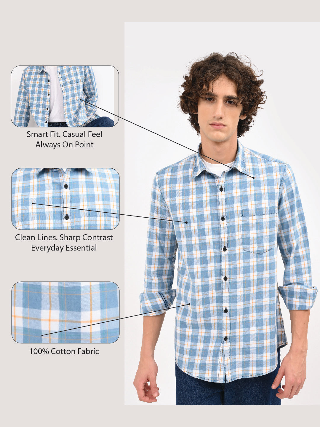 Indigo-Dyed 100% Cotton Check Shirt White