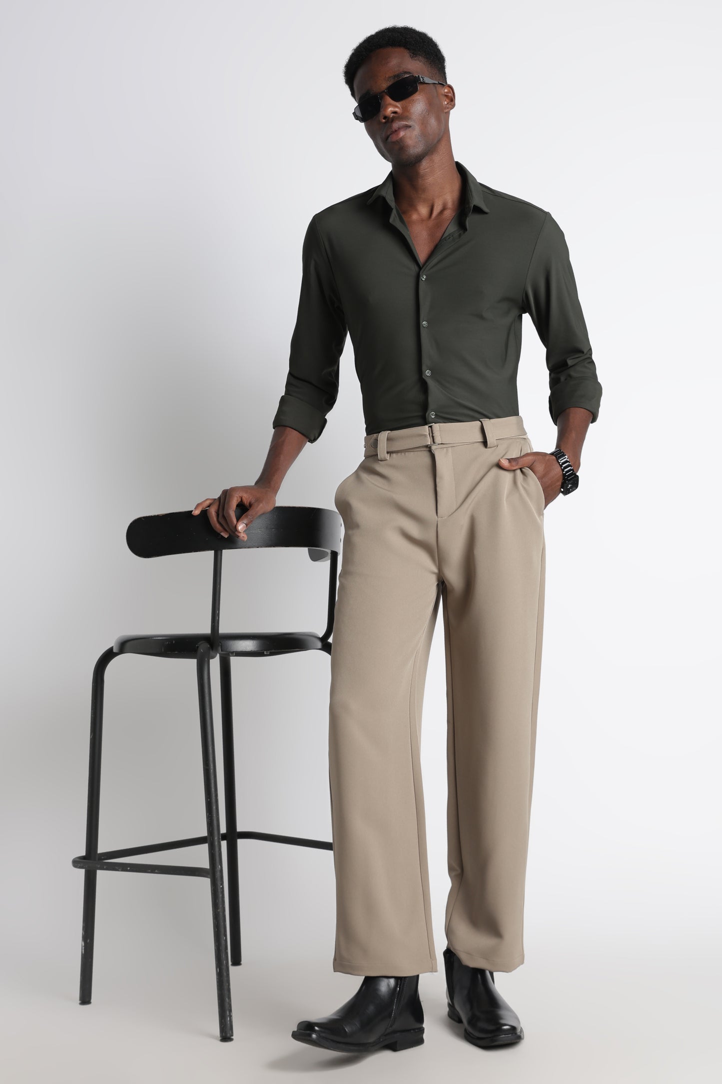 Modern Casual Trousers with Belt Detail Olive