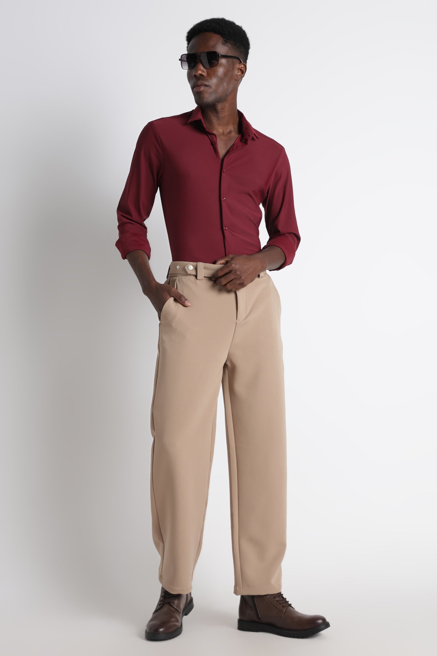 Modern Casual Trousers with Belt Detail Beige