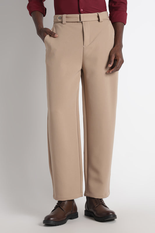 Modern Casual Trousers with Belt Detail Beige