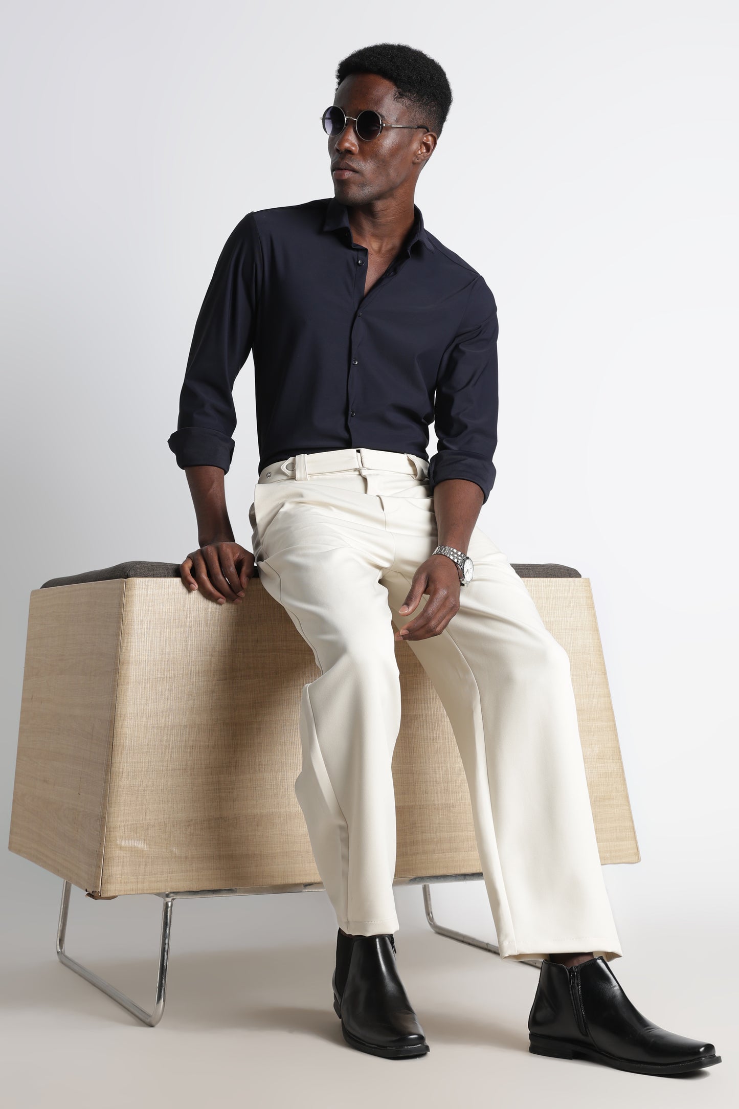 Modern Casual Trousers with Belt Detail Off White