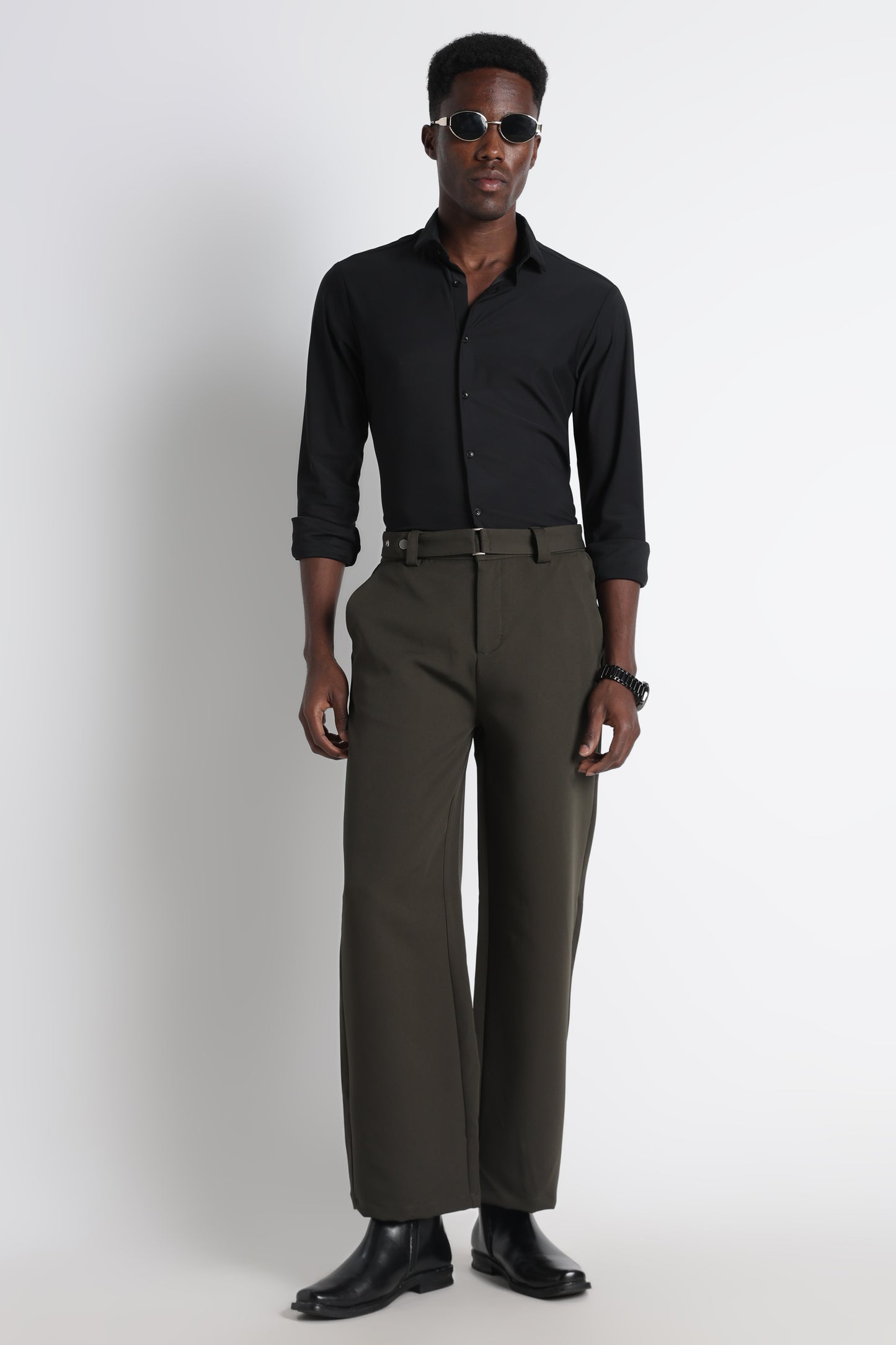 Modern Casual Trousers with Belt Detail Green