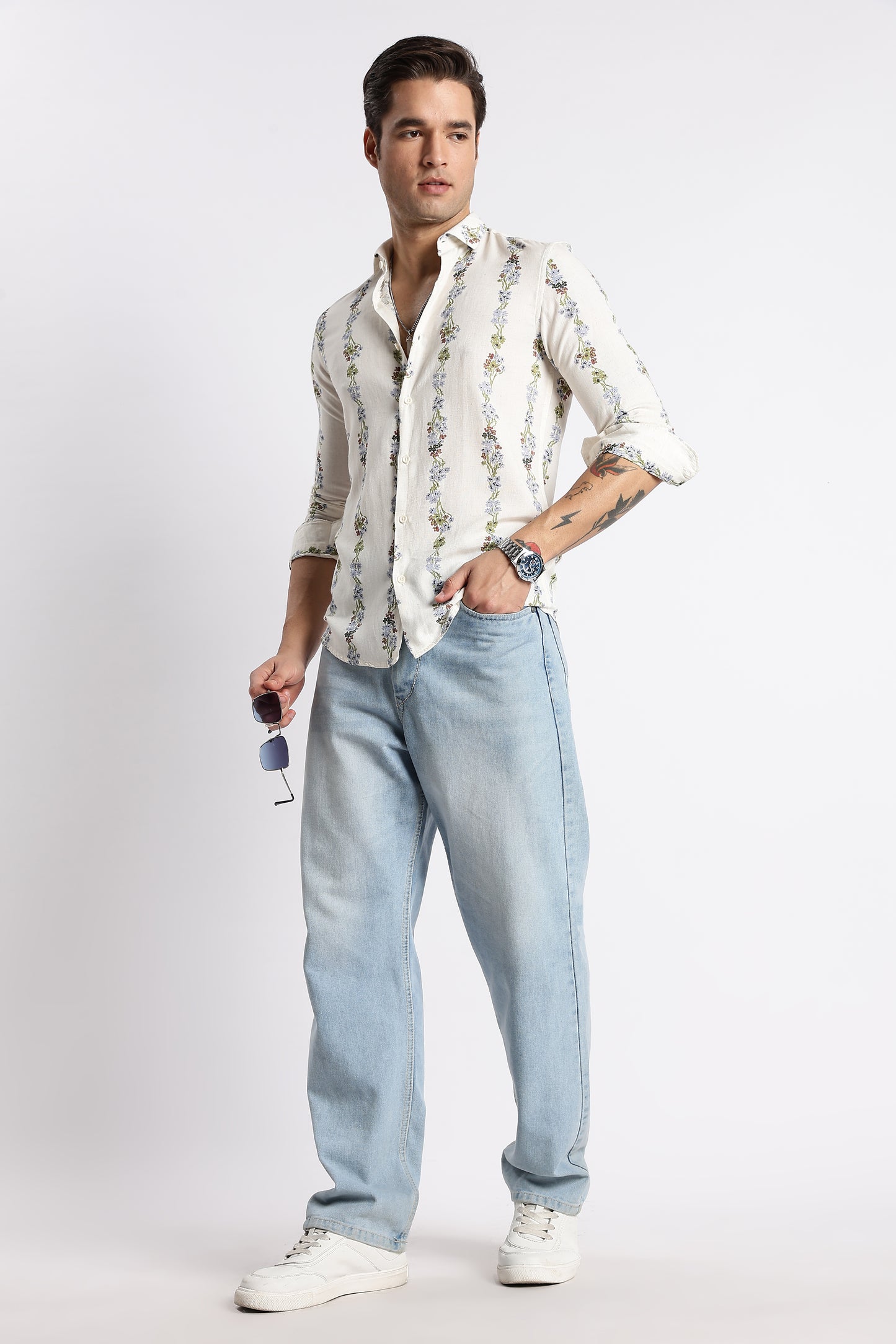 Cream Floral Stripe Printed Shirt