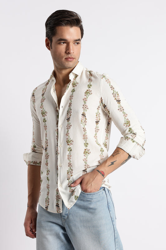 Cream Floral Stripe Printed Shirt