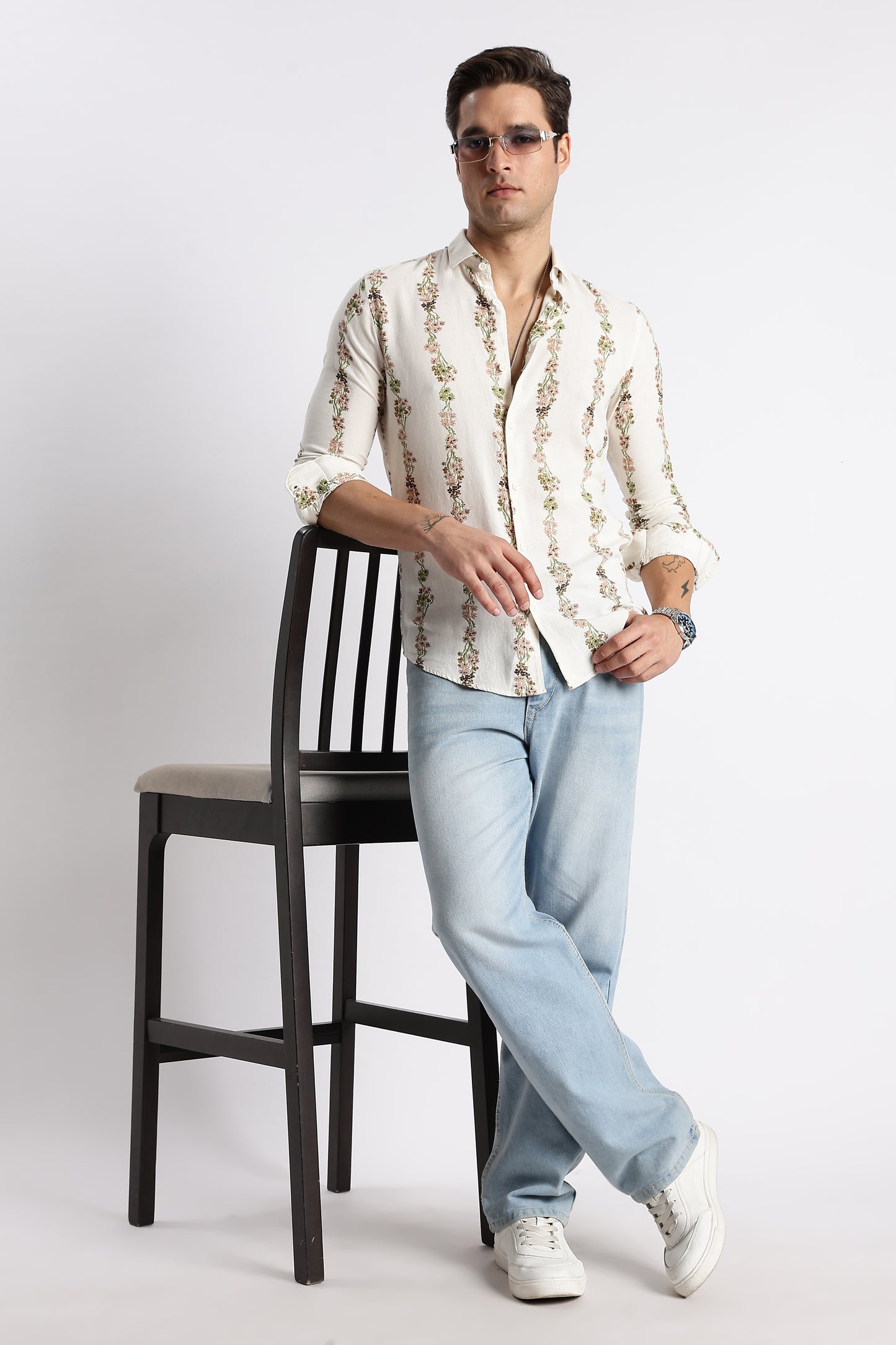 Cream Floral Stripe Printed Shirt