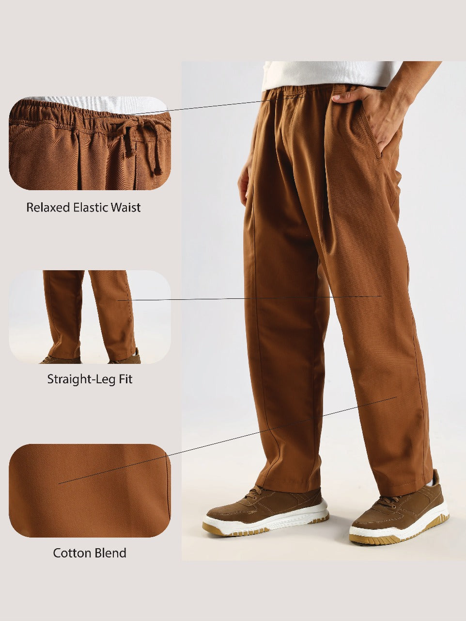 Cotton Blend Drawcord Trousers Brown